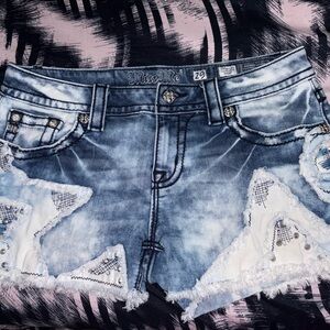 Miss Me Distressed Blue Jean Shorts with White Accents